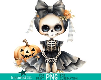 Cute Skeleton Girl PNG, Halloween Sublimation Design, Spooky Cute Kids Shirt Graphic, Watercolor Skeleton with Bow, Halloween Clipart