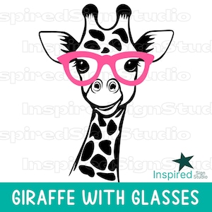 May include: A black and white graphic illustration of a giraffe head and neck featuring a pattern of dark spots. The giraffe is wearing bright pink, thick-rimmed glasses. The text GIRAFFE WITH GLASSES is printed in white on a teal background.