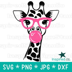 Giraffe Bubble Gum SVG with Glasses, Blowing Bubble, Cute Funny Sublimation Design PNG, Face Neck Head, Digital Download, Vector Cut File