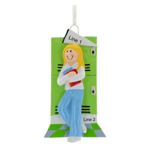 May include: A hanging ornament featuring a figure with blonde hair wearing a white long-sleeve shirt and blue pants, holding red and blue books in front of a green locker. A white banner at the top reads Line 1 and a white base reads Line 2.