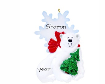 Personalized Polar Bear w/Tree Ornament~Hand Personalized Ornament~Animal Ornament~Christmas Ornaments~Ornament~Personalized Gifts