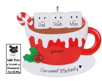 Personalized Family of 3 HOT CHOCOLATE Ornament~Family of 3 Marshmallow Ornament~Christmas Ornaments~Family Ornament~Add Pet Options~Red Mug