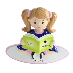 Personalized READING Ornament ~ Little Girl Reading  ~ Personalized Bookworm Ornament - Book Lover Christmas Ornaments - Girl Reading