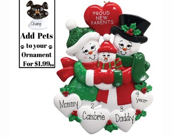 Family of 3 Personalized Ornament~Proud New Parents~Christmas Ornaments~Add Pet Options~Hand Personalized Ornament~Family Ornament~Ornament
