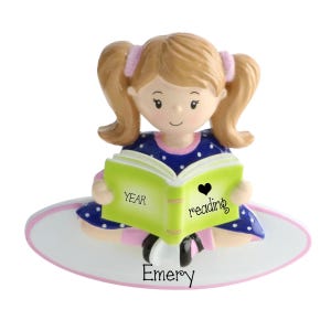 Personalized READING Ornament , Little Girl Reading , Personalized Bookworm Ornament , Book Lover Christmas Ornaments , Girl Reading image 1