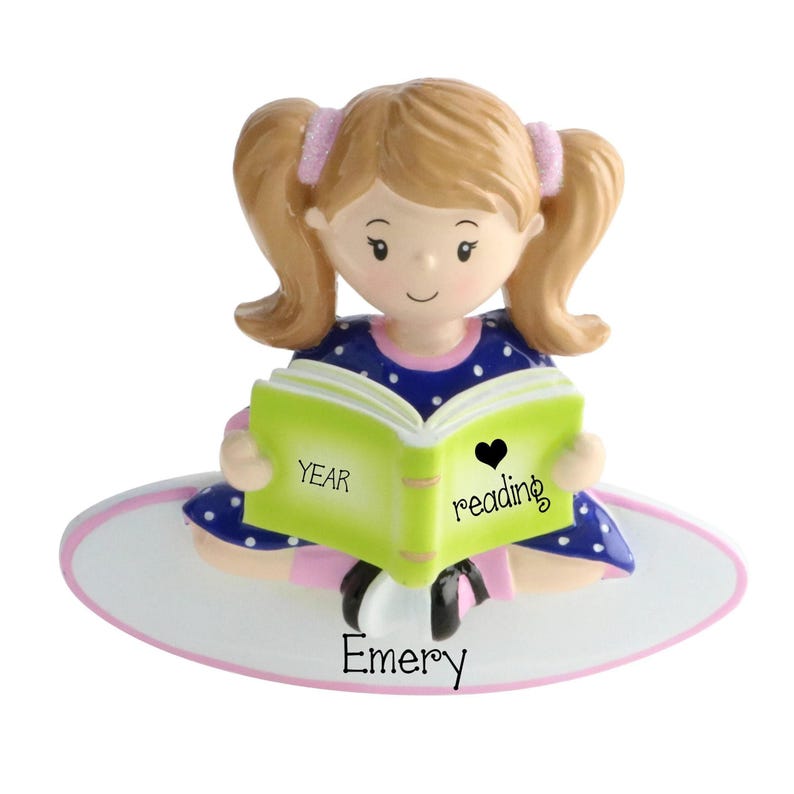Personalized READING Ornament , Little Girl Reading , Personalized Bookworm Ornament , Book Lover Christmas Ornaments , Girl Reading image 1