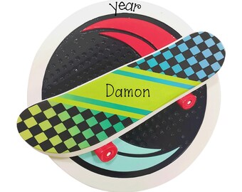 Skateboard Ornament Custom Name, Green Checkered Style (Personalized Holiday Keepsake