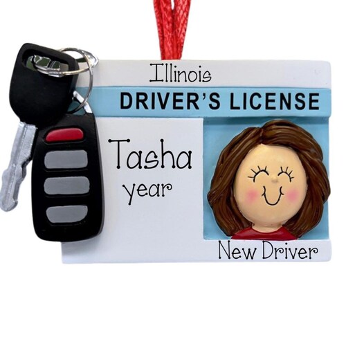 Adorno navideño personalizado para conductor novel, licencia de mujer morena, llaves del coche.