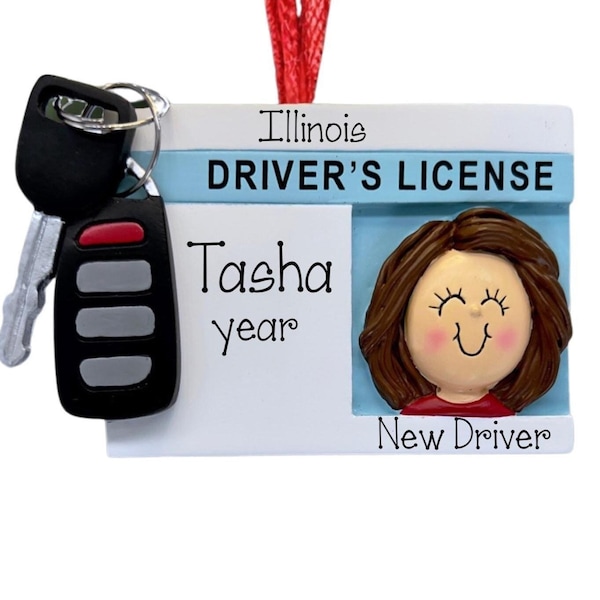 Personalized New Driver Christmas Ornament, Brunette Female License, Car Keys