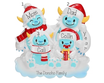 Yeti Family of 4 Personalized Christmas Ornament ~ Family of 4 Yeti Ornament ~ Christmas Ornaments ~ Personalized Gift ~ Customized Ornament