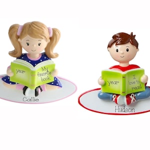 Personalized READING Ornament , Little Girl Reading , Personalized Bookworm Ornament , Book Lover Christmas Ornaments , Girl Reading image 3