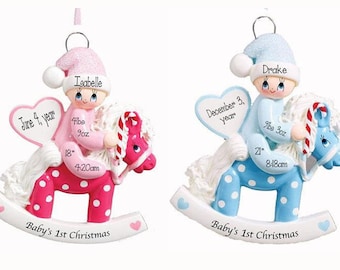Baby&#39;s First Christmas Ornament~Rocking Horse Ornament~Baby Boy OR Baby Girl~Christmas Ornaments~Hand Personalized Ornament~Baby Ornament