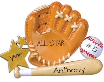 Personalized Baseball Glove Bat Ornament, All Star Player Christmas