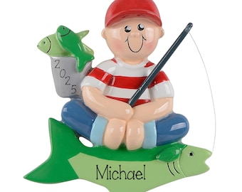 Little Boy Fishing Ornament, Personalized First Catch Keepsake , Custom Text