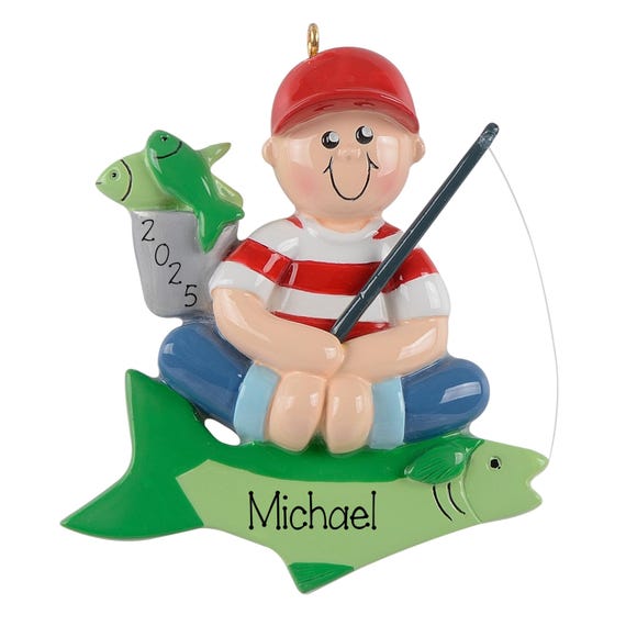 Little Boy Fishing Ornament, Personalized First Catch Keepsake , Custom Text