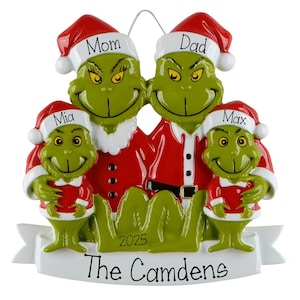 Personalized Green Fur Family of 4 Christmas Ornament ~ Green Furry Christmas Ornament for 4