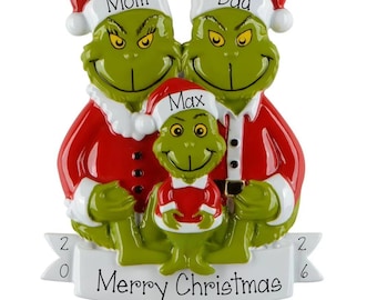 Personalized Green Monster Family of 3 Christmas Ornament , Green Furry Christmas Ornament for 3, Add Pet Option