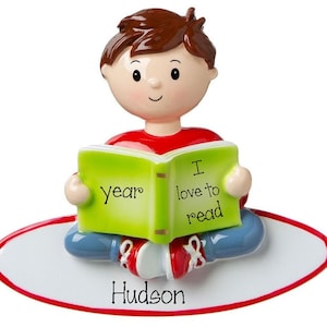 Personalized Boy Reading Ornament, Bookworm Christmas Decor, Book Lover Gift image 1