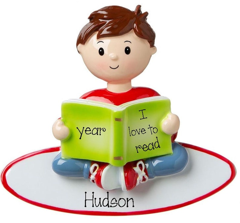 Personalized Boy Reading Ornament, Bookworm Christmas Decor, Book Lover Gift image 1