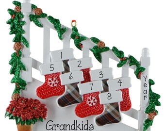 Personalized Family of 8 Staircase Bannister Ornament, 8 Stockings, 8 Grandkids Christmas Keepsake, Add Pet Option