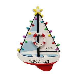 SAILBOAT Ornament ~ Sailboat with Lights ~ Sailing Ornament ~ Hand Personalized Ornament ~ Beach Vacation Ornament ~ Nautical Ornament