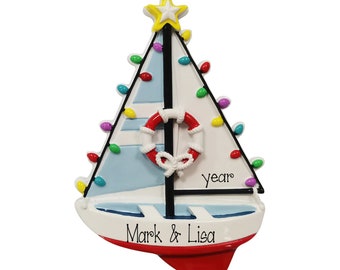 SAILBOAT Ornament~Sailboat with Lights~Sailing Ornament~Hand Personalized Ornament~Beach Vacation Ornament