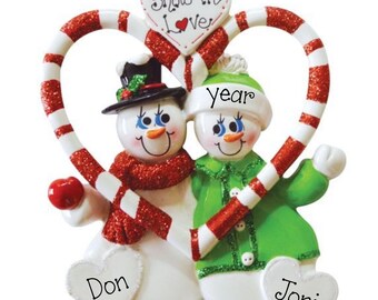 Snowman Couple Christmas Ornament, Personalized Snow in Love, First Christmas, Engaged Gift