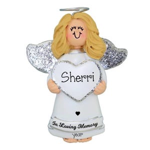 Personalized Blonde Angel with Silver Glitter Wings Christmas Ornament ~ Memorial Ornament - In Loving Memory ~ Bereavement ~In Remembrance