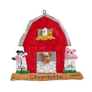 Personalized RED BARN Ornament~Barn with Farm Animals~Christmas Ornaments~Hand Personalized Ornament~Ornament~Personalized Gifts
