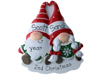 Personalized Gnome Couple Christmas Ornament~Our First Christmas Gnome Couple ~ Gnome Couple with Red Hats~Our 2nd Christmas Together