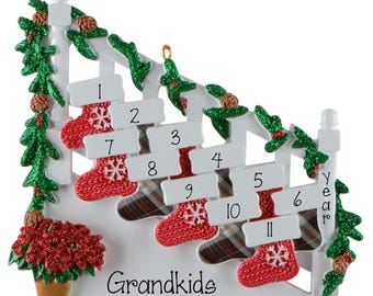 Personalized Family of 11 Staircase Bannister Ornament, 11 Stockings, Eleven Grandkids Christmas Keepsake,