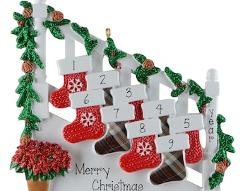 Personalized Family of 9 Bannister Ornament, Nine Grandkids Staircase Stockings Christmas Keepsake