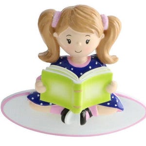 Personalized READING Ornament , Little Girl Reading , Personalized Bookworm Ornament , Book Lover Christmas Ornaments , Girl Reading image 2