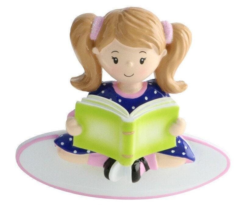 Personalized READING Ornament , Little Girl Reading , Personalized Bookworm Ornament , Book Lover Christmas Ornaments , Girl Reading image 2