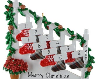 Personalized Family of 10 Staircase Bannister Ornament, 10 Stockings, Ten Grandkids Christmas Keepsake,