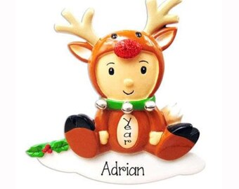 Personalized Baby Reindeer Ornament~Baby&#39;s First Christmas Ornament~Christmas Ornaments~Toddler Ornament~Hand Personalized~Baby Ornament