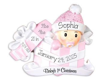 Personalized Baby Girl Ornament, Baby's First Christmas, Baby in a Present