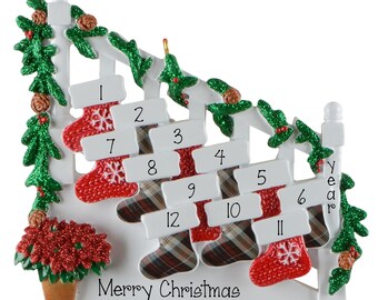 Family of 12 Staircase Stockings Personalized Christmas Ornament, 12 Grandkids on Bannister