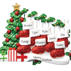 Personalized FAMILY of 8 Stockings on Bannister Ornament~8 GRANDKIDS~Christmas Ornaments~Add Pet Option~Hand Personalized Ornament~Ornament