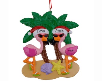 Personalized FLAMINGO COUPLE Ornament~Christmas Ornaments~Hand Personalized Ornament~Flamingo Ornament~Two Flamingo on a Beach