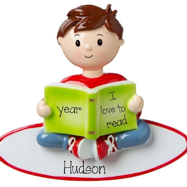 Personalized READING Ornament ~ Little Boy Reading  ~ Personalized Bookworm Ornament - Book Lover Christmas Ornaments - Boy Reading