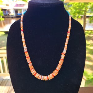 Colar de concha de ostra espinhosa Heishi, turquesa com coral laranja, feito à mão, ajustável, nativo do sudoeste