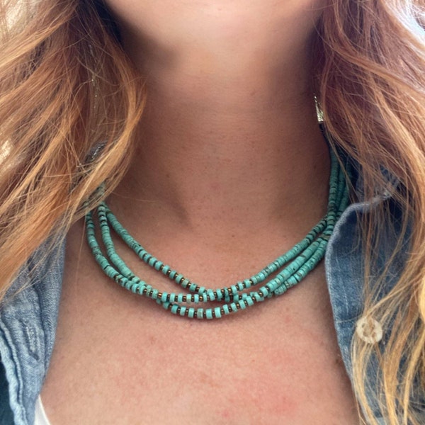 Genuine Turquoise Heishi 3 strand Necklace, Southwestern handmade. BoHo Hippie, Tribal, Native, men's or women's necklace, Bohemian.