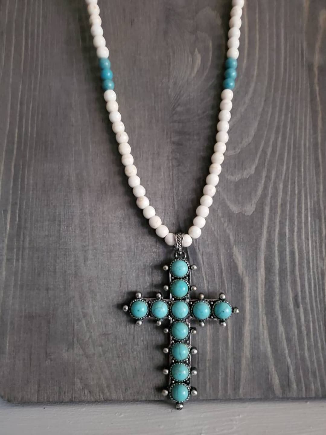 Turquoise Howlite Cross Necklace, White Buffalo Turquoise Beads, Prayer ...