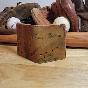 Cartera de cuero con forma de guante de béisbol de Cesar Cedeño, hecha a mano y reutilizada, hecha en EE. UU., regalo EDC para hombres.