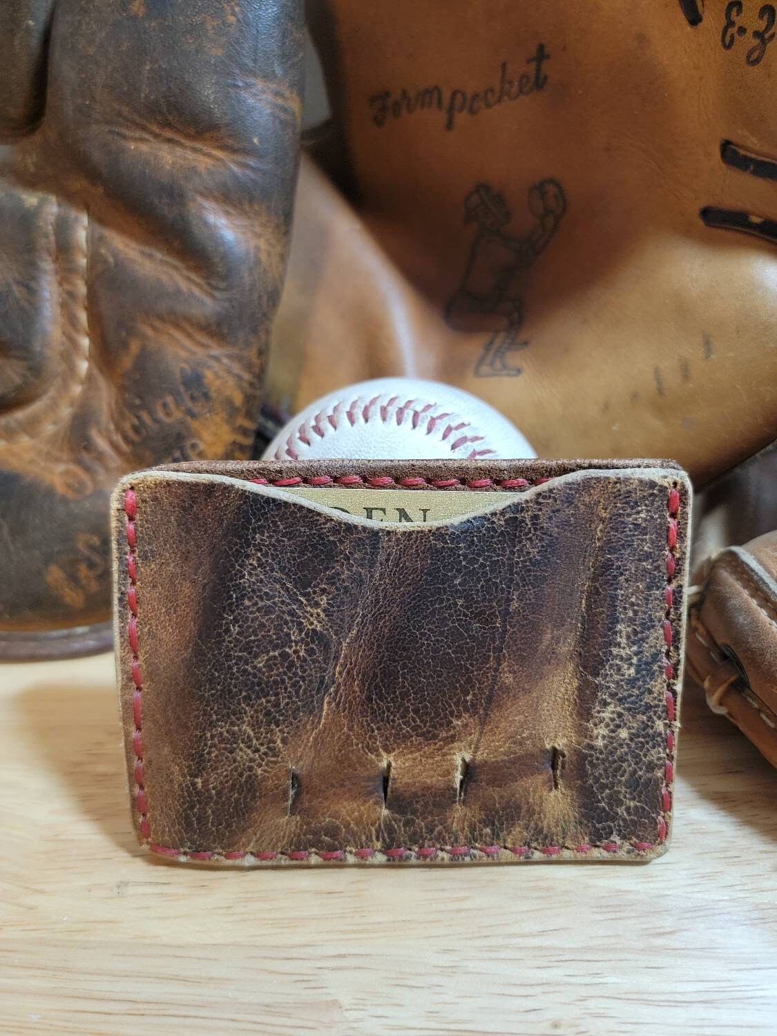 Handmade baseball glove minimalist slim leather wallet edc mens