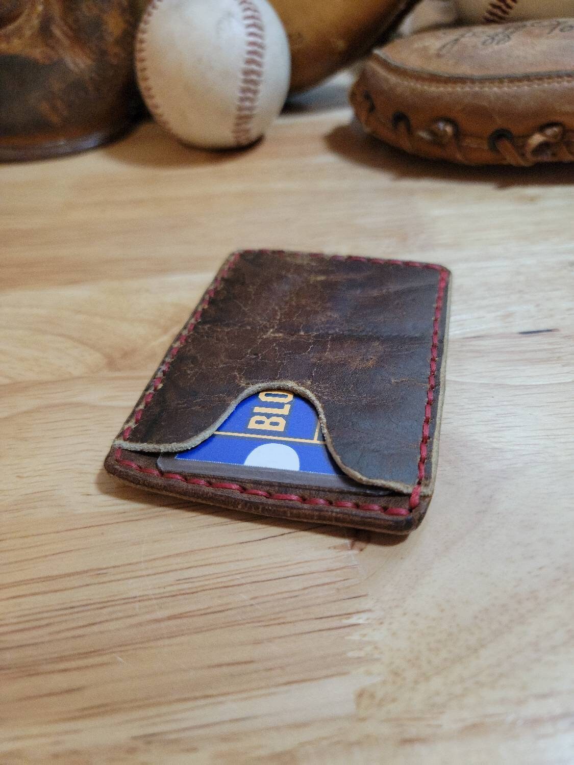 Handmade baseball glove minimalist slim leather wallet edc mens