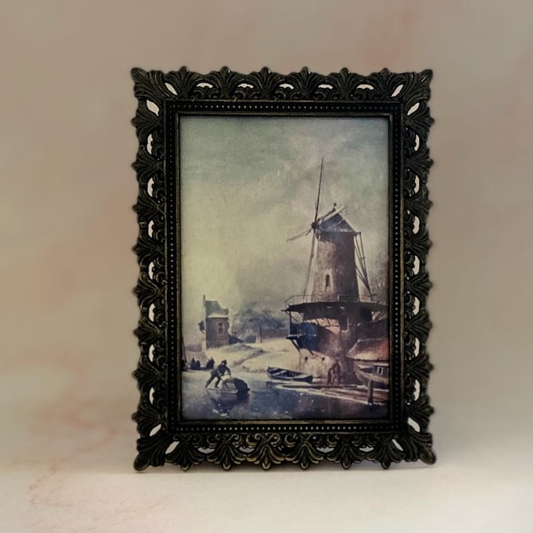 Vintage Miniature Brass Toned Framed Coastal Scene, Made in Italy, Old World Art