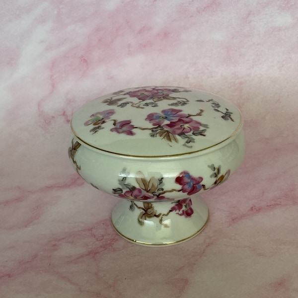 Vintage Pedestal Hand Painted Porcelain Trinket Box, Floral Blossoms Pink and White