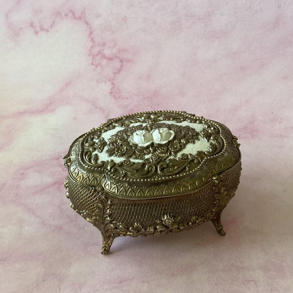 Vintage Gold Tone Metal and White Floral Footed Jewelry Box, Velvet Lined Ornate Trinket Box, Made in Japan